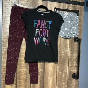 Girls clothing Nike shirt, LuLaRoe leggings, BCBG shorts